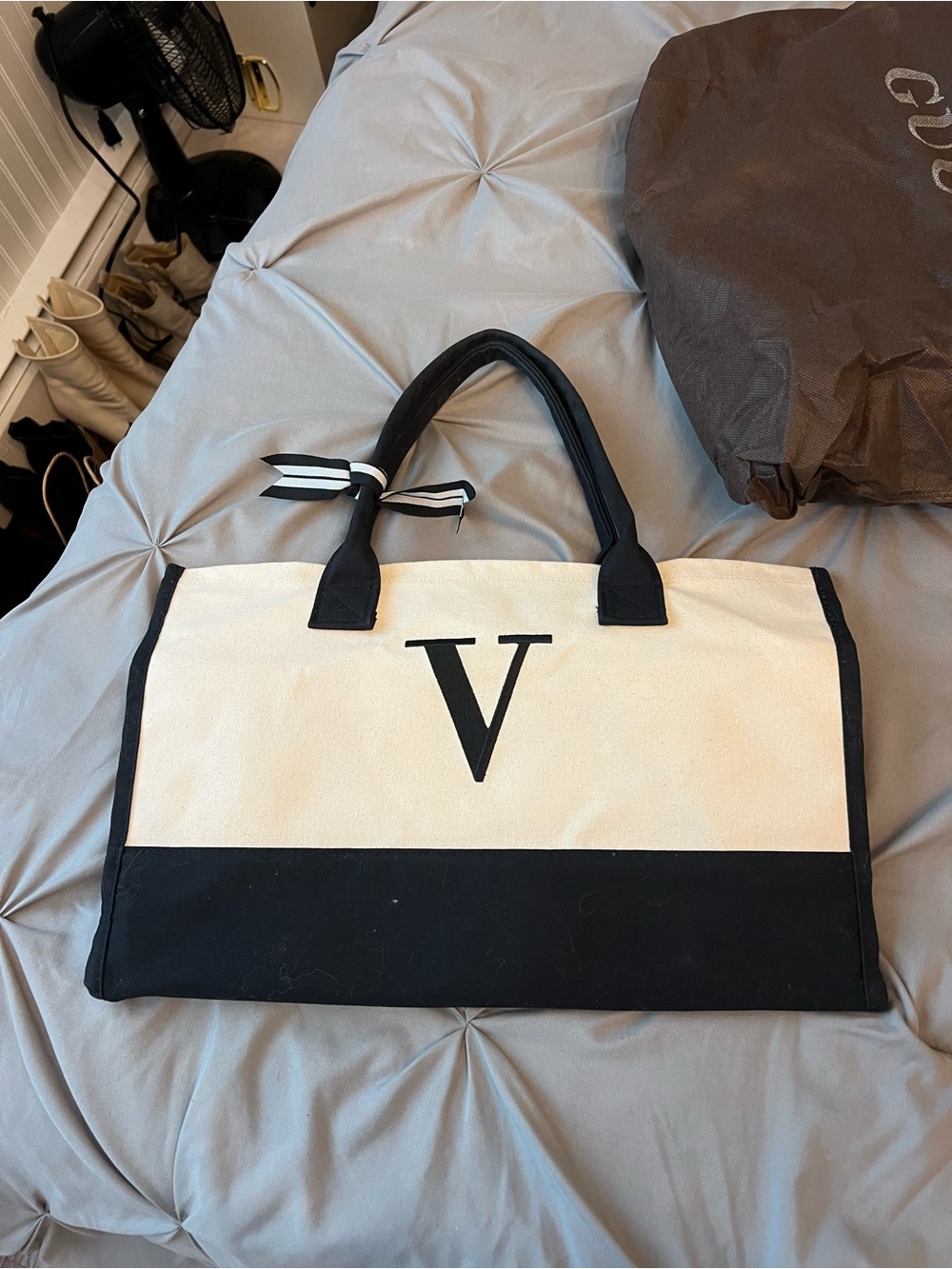 V Initial Canvas Tote Bag in Cream and Black